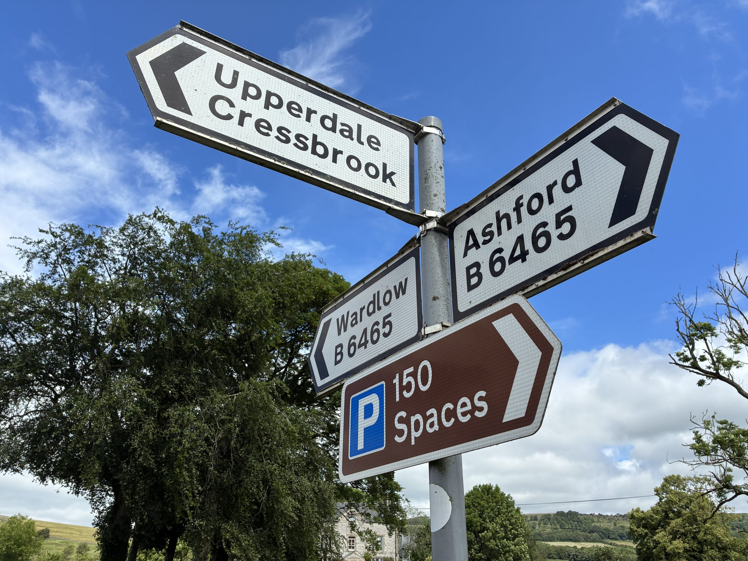 Moving to the Peak District – signposts pointing to some of the National Park's most popular locations and attractions.